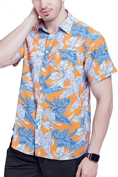 Men Fancy Shirt Tropical Plant Leaf Patterned Lapel Collar Button-up Short Sleeves Regular Fit Shirt