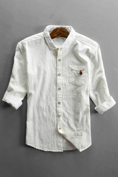 Men Leisure Shirt Plain Turn-down Collar Chest Pocket Button up 3/4 Sleeve Slim Fitted Shirt