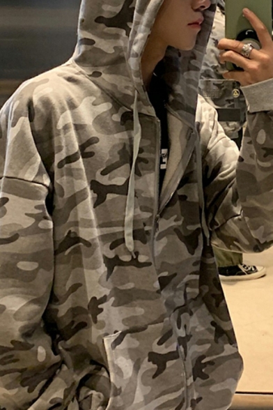 Men Popular Hoodie Camouflage Pattern Long-sleeved Zip-Fly Drawstring Loose Hooded Sweatshirt