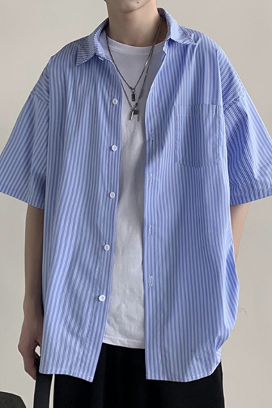 Men's Chic Shirt Stripe Printed Half Sleeve Turn Down Collar Button Up Relaxed Fit Shirt