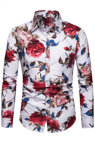 Men's Popular Shirt All over Rose Printed Turn-down Collar Long Sleeve Slim Button-Up Shirt