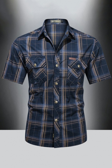 Men's Trendy Shirt Plaid Printed Flap Pockets Short Sleeves Button-up Fitted Lapel Shirt