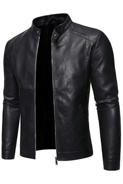 Men Trendy Jacket Solid Color Topstitching Zip up Stand Collar Side Pockets Long Sleeve Slim Leather Jacket in Black