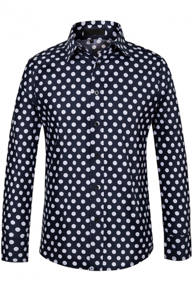 Mens Chic Shirt Polka Dot Pattern Long Sleeve Spread Collar Button Up Regular Fit Shirt