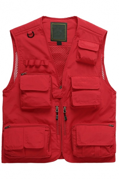 Mens Cool Vest Solid Color Pockets Decoration Zipper Closure V-Neck Utility Loose Cargo Vest