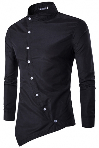 Mens Elegant Shirt Plain Long Sleeve Stand Collar Asymmetric Hem Oblique Button Fitted Shirt