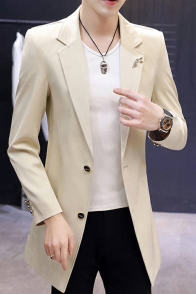 Mens Fashionable Trench Coat Solid Color Suit Collar Single Button Front Pocket Fitted Trench Coat
