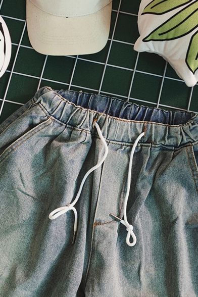 Mens Stylish Shorts Solid Color Drawstring Waist Pocket Detail Regular Fit Stretch Denim Shorts
