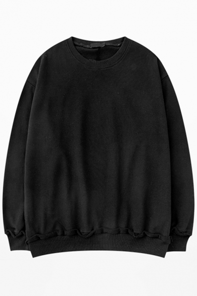 Mens Stylish Sweatshirt Plain Raw Hem Detail Long Sleeve Round Collar Loose Pullover Sweatshirt Top