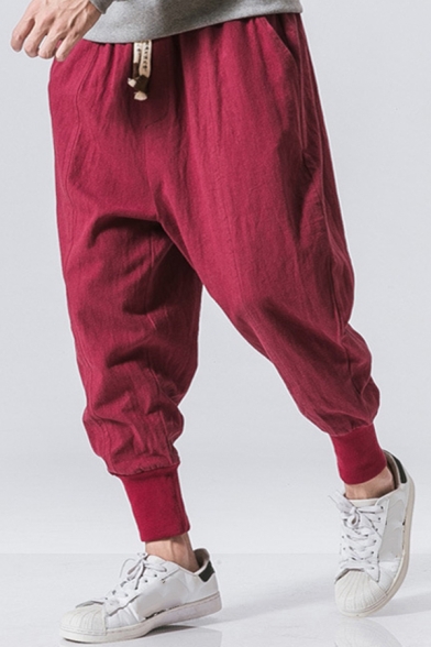 Mens Trendy Pants Plain Drawstrings Pocket Detail Tapered Fit Ankle Pants