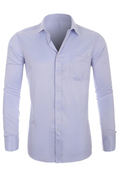 Modern Men's Shirt Solid Color Long Sleeve Point Collar Button-up Slim Fitted Shirt Top