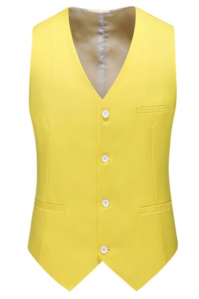 Modern Suit Vest Solid Color Pocket Detail V-Neck Single Breasted Skinny Suit Vest for Men