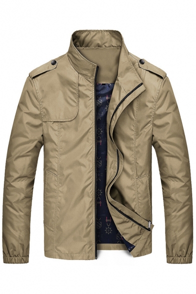 Modern Trench Coat Plain Zip-Fly Long-Sleeved Stand Collar Regular Trench Coat for Men