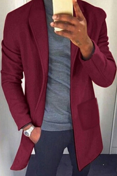 Simple Coat Plain Front Pockets Lapel Collar Long-Sleeved Open Front Fitted Coat for Guys