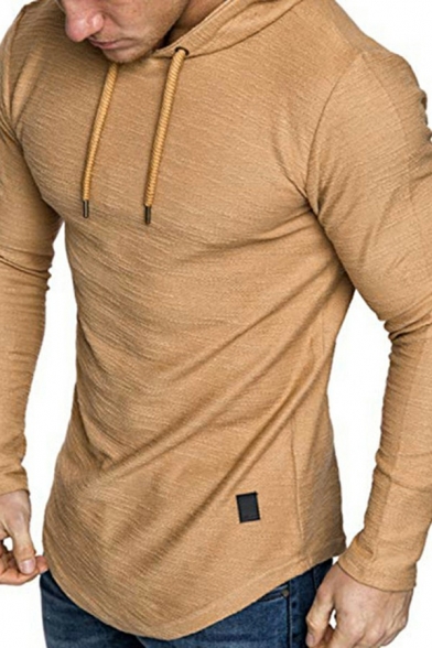 Simple Drawstring Hoodie Solid Color Curved Hem Long Sleeve Slim Fitted Hoodie for Guys