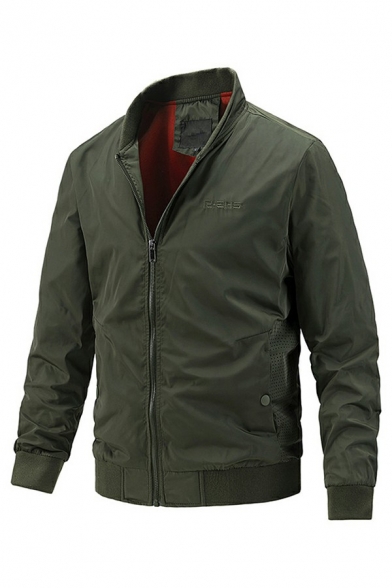 Simple Jacket Pure Color Ribbed Trim Zip-Fly Stand Collar Long-Sleeved Fit Jacket for Men