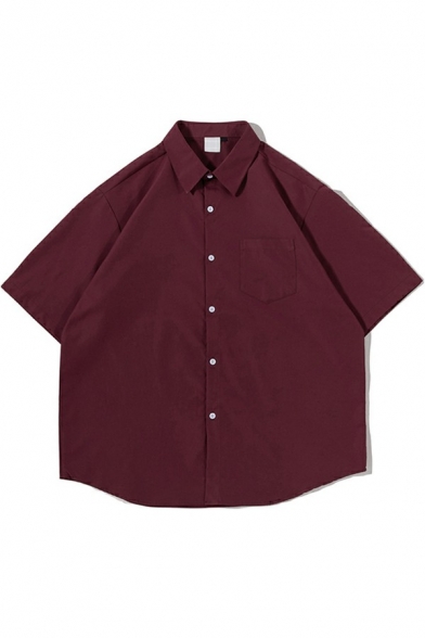 Simple Shirt Pure Color Short Sleeve Turn Down Collar Button Up Loose Shirt Top for Men
