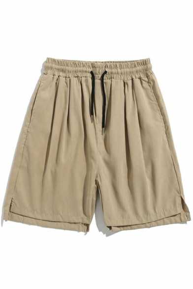 Simple Shorts Solid Color Split Hem Drawstring Mid Rise Loose Fit Shorts for Men