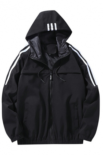 Sporty Jacket Pure Color Stripe Print Zip Closure Long-Sleeved Fitted Hooded Jacket for Guys