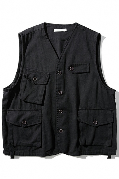 Street Look Vest Solid Color Button Closure Multi Pockets Relaxed Fit Vest for Men
