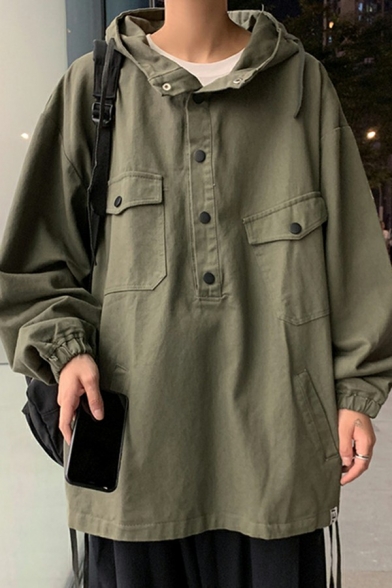 Street Style Hoodie Plain Flap Pocket Button Detailed Long-sleeved Hooded Loose Sweatshirt for Men