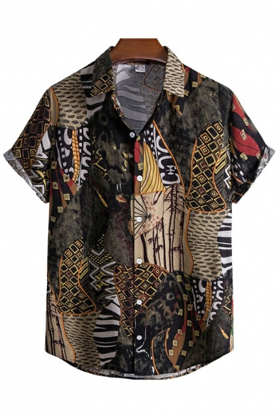 Stylish Mens Button Shirt Graphic Pattern Short-Sleeved Turn Down Collar Loose Fit Shirt