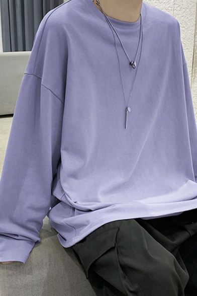 Stylish Mens Sweatshirt Plain Long-Sleeved Round Neck Relaxed Pullover Sweatshirt Top