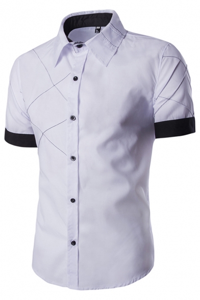 Trendy Men's Shirt Color Block Button up Short-Sleeved Turn-down Collar Slim Fitted Shirt