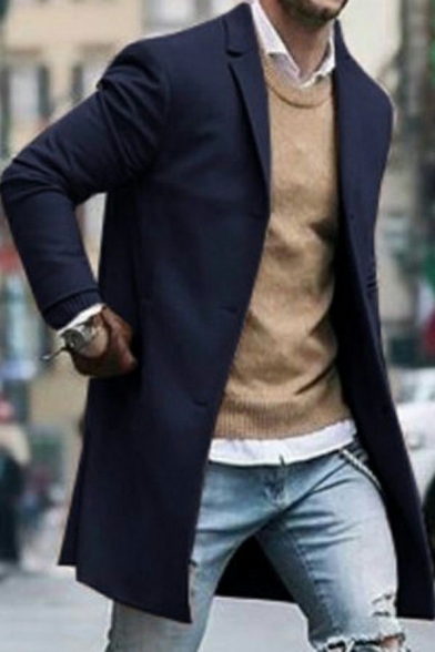 Trendy Mens Coat Plain Long Sleeve Notched Collar Single Breasted Relaxed Trench Coat