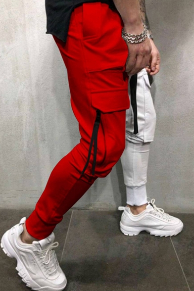 Unique Pants Contrast Color Flap Pockets Drawstring Slim Cargo Pants for Men
