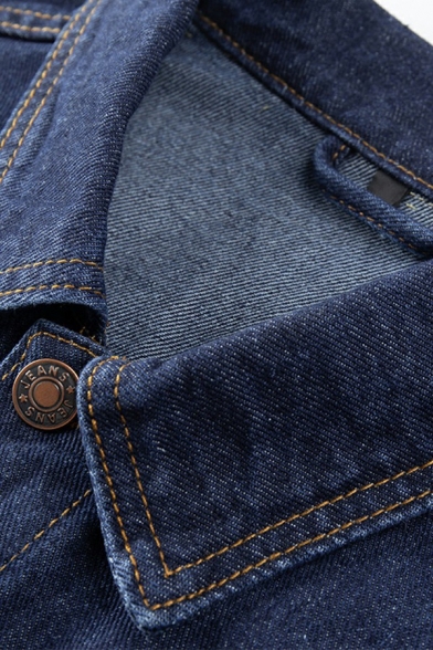 Vintage Men's Jacket Turn Down Collar Single-Breasted Flap Pockets Fitted Denim Jacket