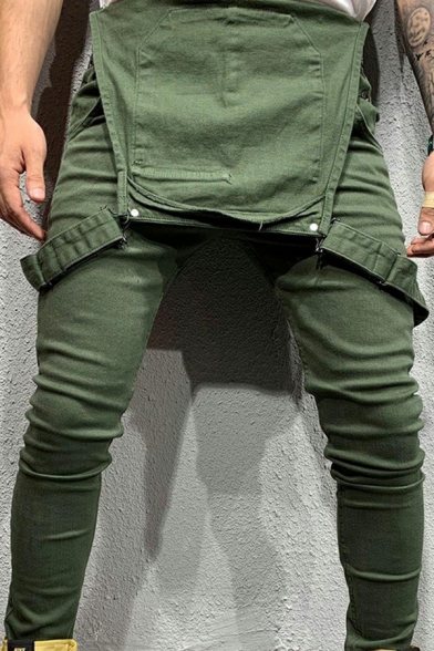 Boyish Mens Jeans Solid Color Pockets Button-Closure Skinny-Fit Suspender Pants