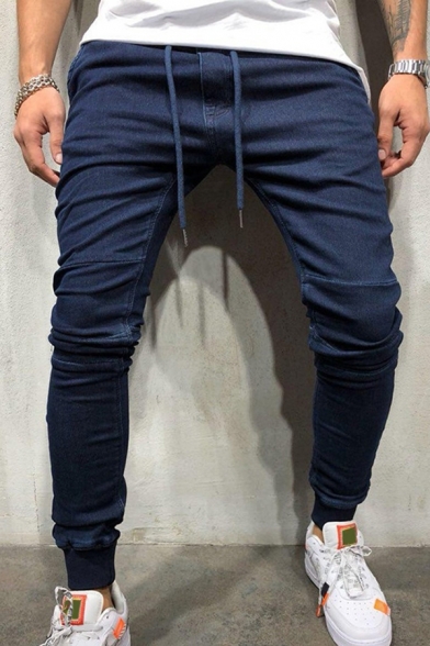 Casual Men's Jeans Solid Color Drawstring Waist Ankle Length Slim Fitted Jeans