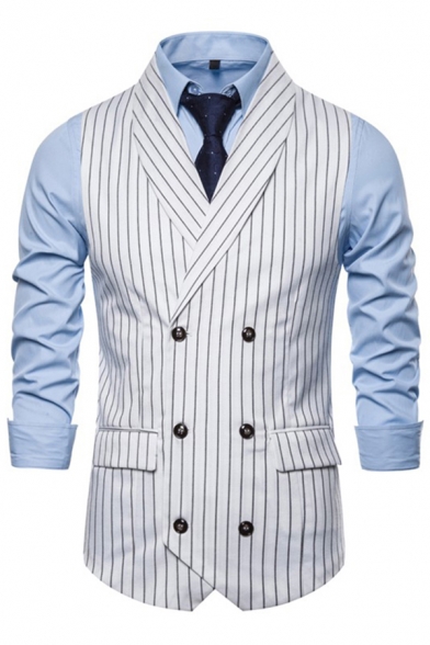Chic Mens Waistcoat Stripe Pattern Flap Pockets Turn Down Collar Double Breasted Buckle Back Slim Suit Vest