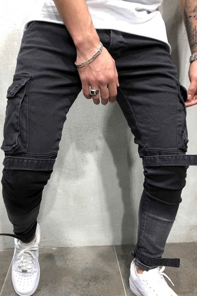 Cool Men's Jeans Mid-Rise Bleach Side Pockets Solid Color Slim Fitted Jeans