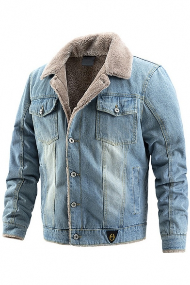Dashing Men's Denim Jacket Patchwork Breast Pockets Long Sleeve Turn Down Collar Regular Fit Button-up Denim Jacket