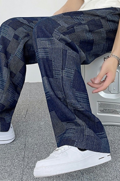 Edgy Wide Leg Pants Checkered Printed Washed Mid Rise Elastic Waist Straight Leg Pants for Men