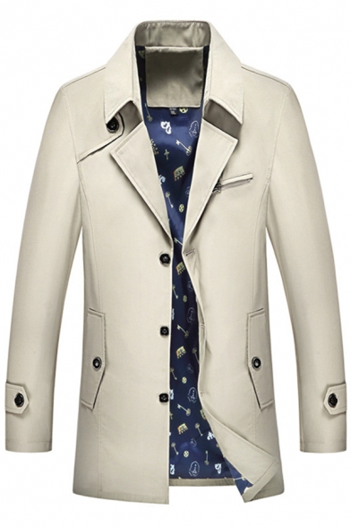 Elegant Trench Coat Plain Single-Breasted Long-Sleeved Lapel Slim Trench Coat for Men