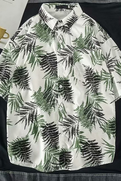 Fancy Shirt All over Tropical Leaf Pattern Short-Sleeved Point Collar Button Closure Loose Fitted Shirt Top for Men
