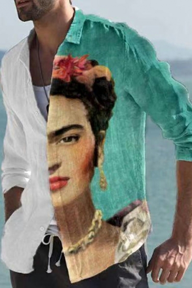 Fashionable Button Shirt Figure Printed Long Sleeves Loose Lapel Shirt for Men