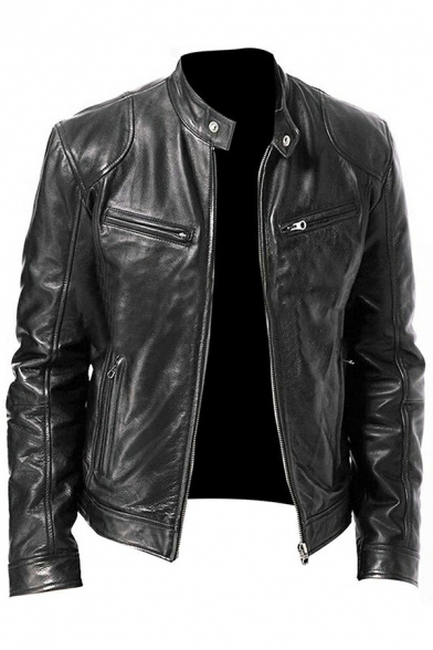 Fashionable Jacket Pure Color Stand Collar Zipper Pockets Long Sleeve Zip-Fly Slim Fit Leather Jacket for Men