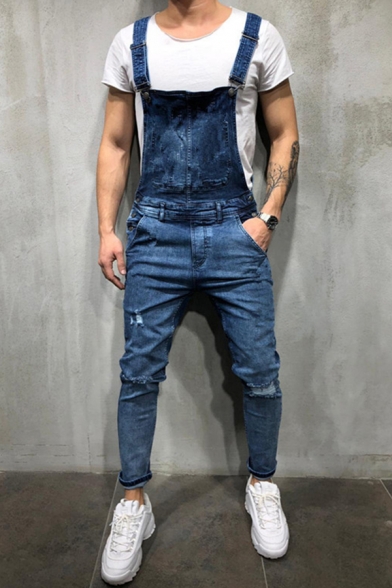 Fashionable Jeans Plain Distressed Button Closure Stretch Denim Mid-Washing Slim Fit Suspender Jeans for Men