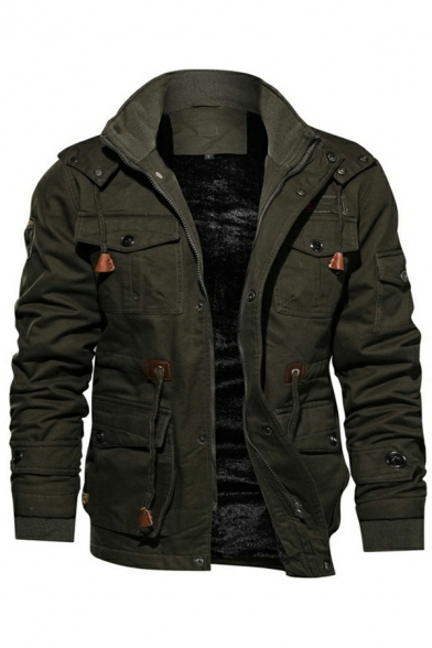 Leisure Mens Jacket Solid Color Stand Collar Epaulette Detail Flap Pockets Long Sleeve Zipper-down Thickened Jacket