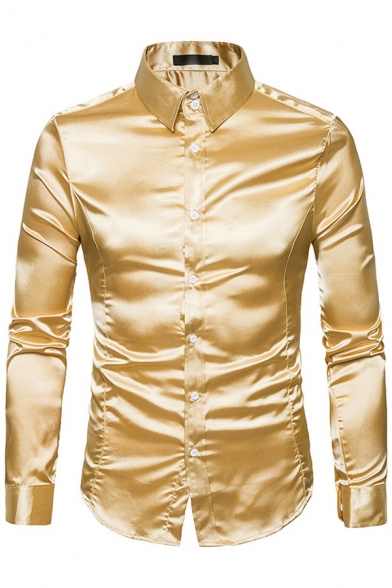 Leisure Shirt Metallic Solid Color Point Collar Long Sleeve Button Up Fitted Shirt Top for Men