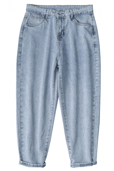 Light Blue Korean Style Jeans Plain Bleach Mid Rise Full Length Tapered Relaxed Fitted Jeans for Boys