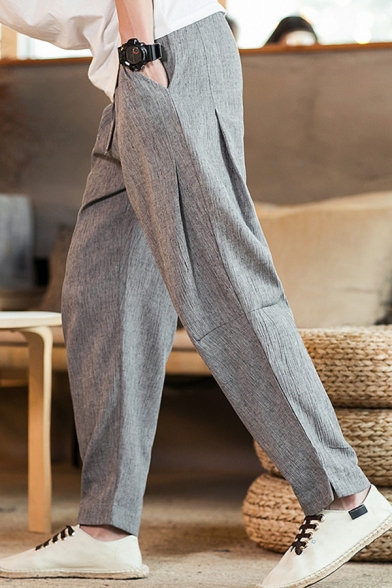 Men Casual Harem Pants Pure Color Mid-Rise Drawstring Full Length Tapered Pants