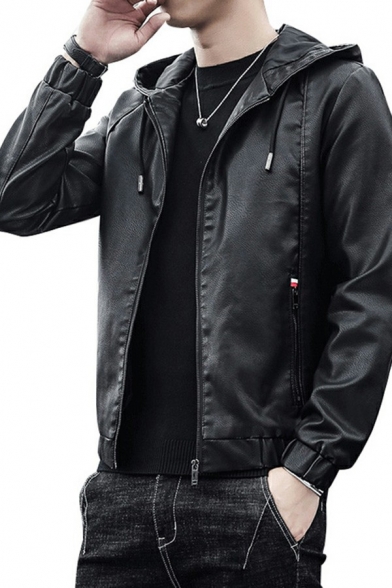 Men Cool Leather Jacket Plain PU Zip-Fly Pocket Detail Hooded Regular Fit Leather Jacket