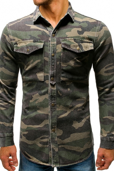 Men Cool Shirt Camouflage Print Turn-down Collar Flap Pocket Button up Long Sleeve Slim Fit Shirt