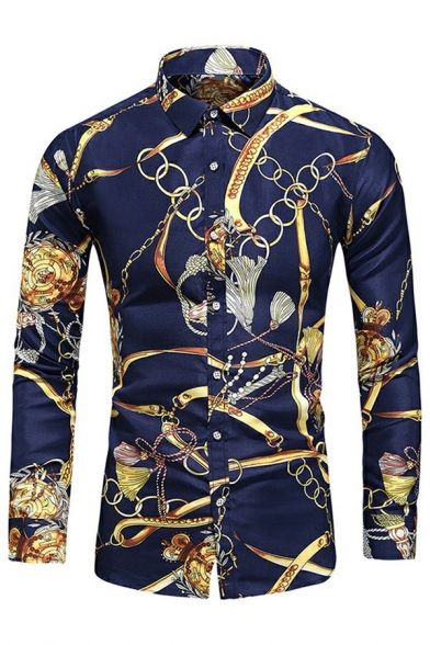Men Fancy Shirt Baroque Pattern Button-down Long Sleeve Turn Down Collar Slim Shirt Top in Navy