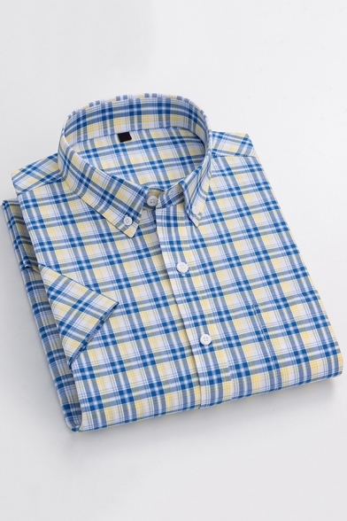 Men Modern Shirt Square Patterned Button up Button-down Collar Short-sleeved Regular Fitted Shirt